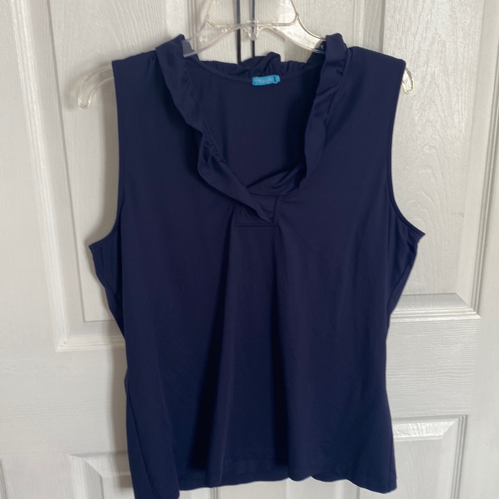 J. McLaughlin | Navy Blue Catalina Cloth Blouse with Ruffled Neck